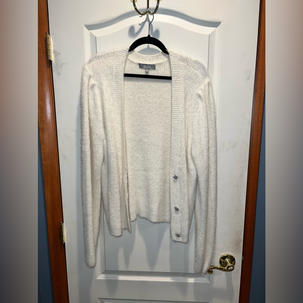 Beautiful soft white sweater with crystal buttons
